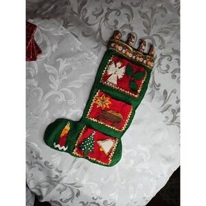 Vintage Felt Sequin Christmas Stocking Angel Manger Candle 20" Handmade 50s